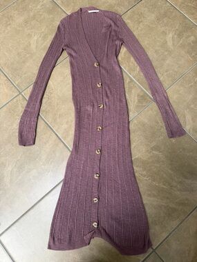 Free People Ribbed Button-Front Long Cardigan in Dusty Plum